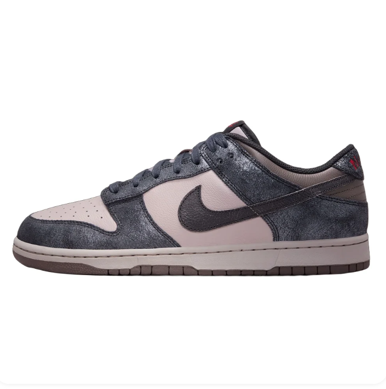 Nike Dunk Low Sneakers - Textured Charcoal & Taupe with Red Accents
