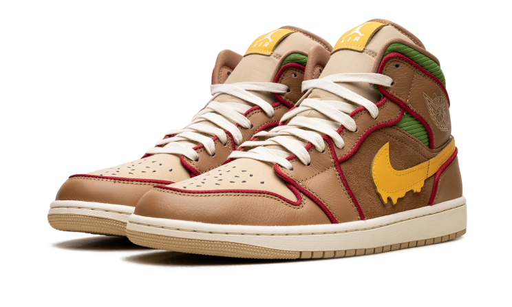 Air Jordan Mid-Top Sneakers - Brown & Tan with Yellow Drip Swoosh