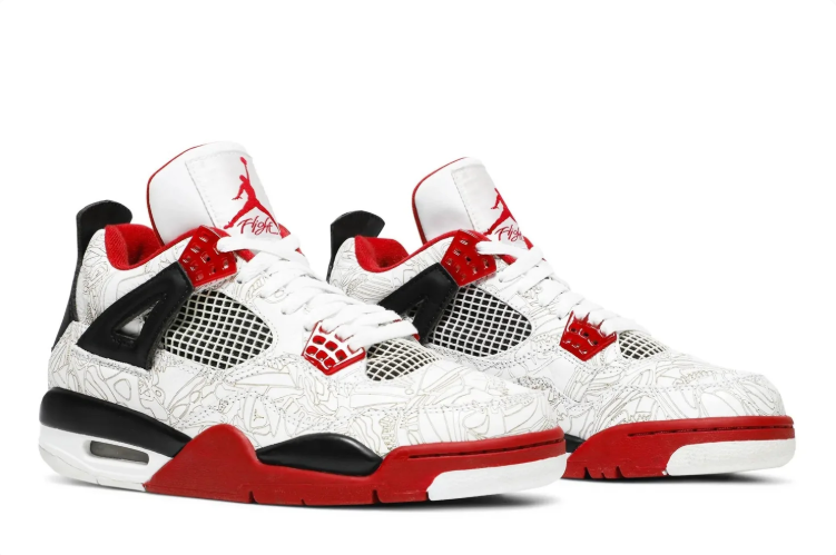 Air Jordan Sneakers - White Line-Art Print with Red & Black Accents