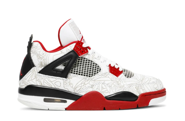 Air Jordan Sneakers - White Line-Art Print with Red & Black Accents
