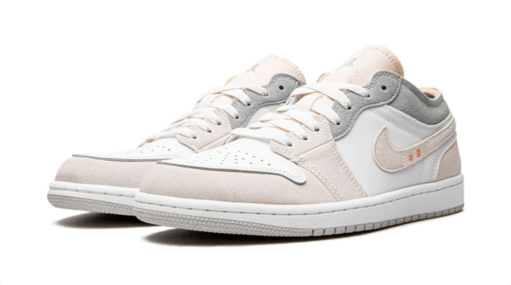 Air Jordan Low-Top Sneakers - White, Cream & Grey with Orange Accents